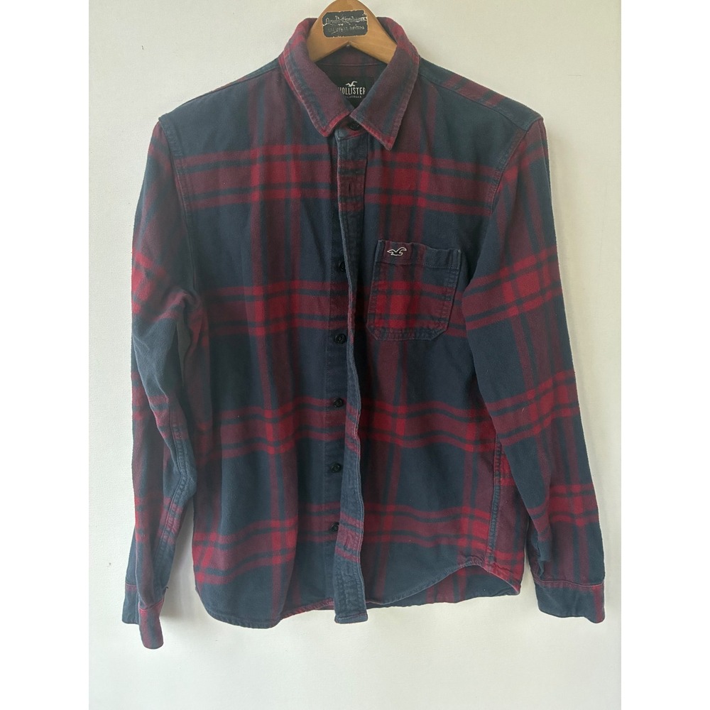 Hollister Flannel Shirt Red Navy Blue Plaid Long Sleeve Button Down Mens Medium